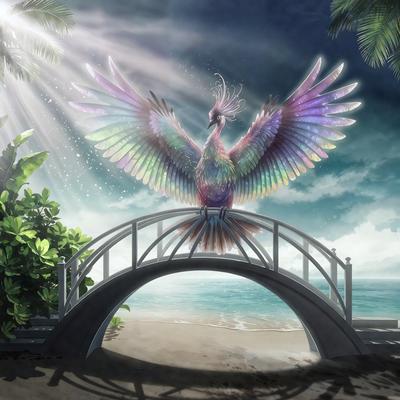 The primary subject of the image is a large, colorful bird with a long neck, wings, and tail. The bird is perched on a bridge, overlooking the ocean. The setting is a beach with a bridge and ocean in the background. The visual style is a digital art or illustration, with the bird being the main focus of the image. The colors and mood are vibrant and lively, with the bird's vivid colors contrasting against the ocean and beach backdrop.